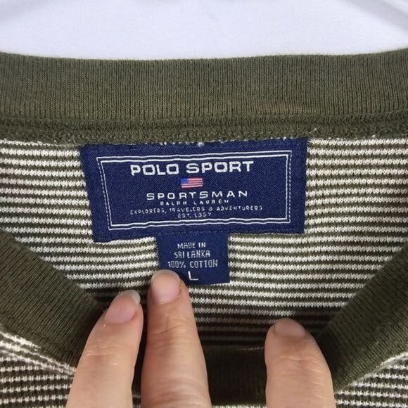 Polo Sport Mens Olive Striped Crewneck Pullover Sz L 100% Cotton Ribbed Cuffs - Picture 5 of 9